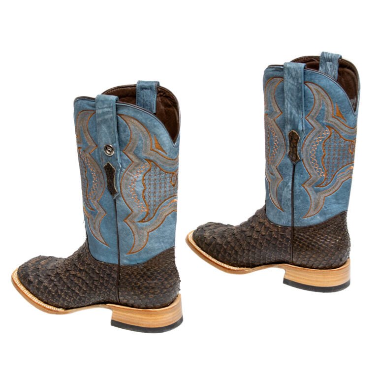 TANNER MARK MEN'S EXOTIC LEATHER Matte Python Brown Western Boots With Montana Blue Top Extra Wide Square Toe - Rancho Sementalvariable