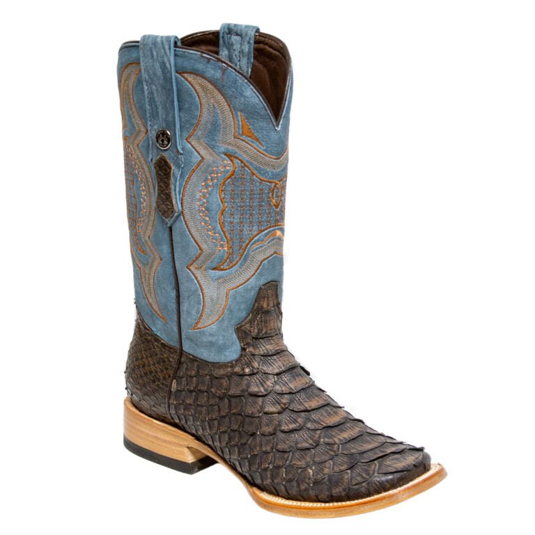 TANNER MARK MEN'S EXOTIC LEATHER Matte Python Brown Western Boots With Montana Blue Top Extra Wide Square Toe - Rancho Sementalvariable