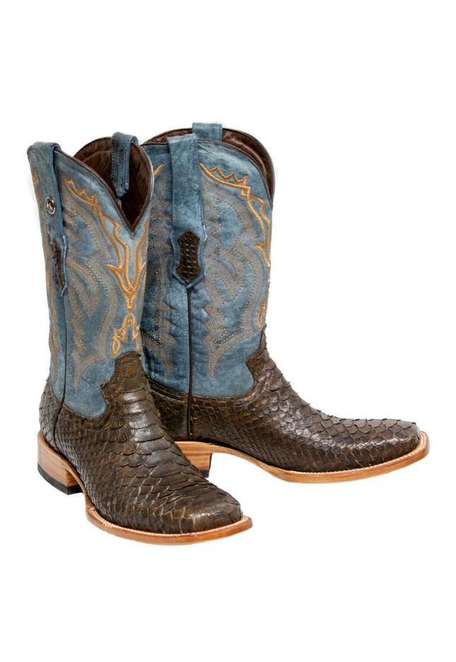TANNER MARK MEN'S EXOTIC LEATHER Matte Python Brown Western Boots With Montana Blue Top - Rancho Sementalvariable