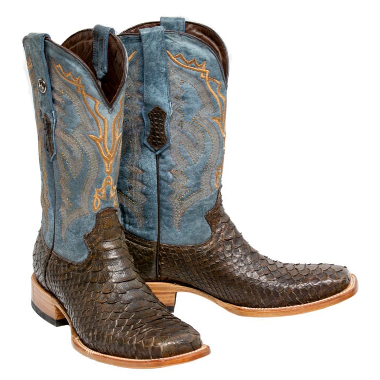 TANNER MARK MEN'S EXOTIC LEATHER Matte Python Brown Western Boots With Montana Blue Top - Rancho Sementalvariable