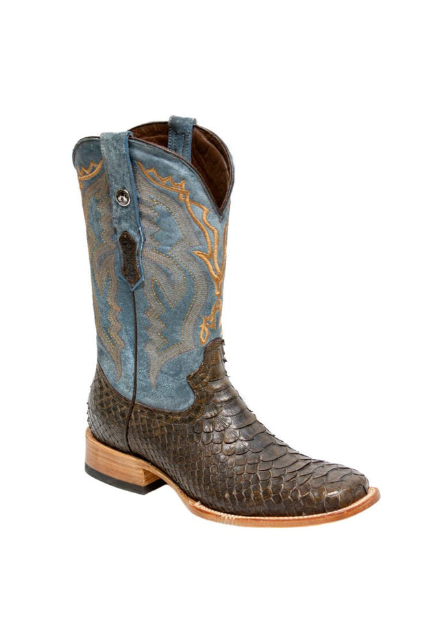 TANNER MARK MEN'S EXOTIC LEATHER Matte Python Brown Western Boots With Montana Blue Top - Rancho Sementalvariable