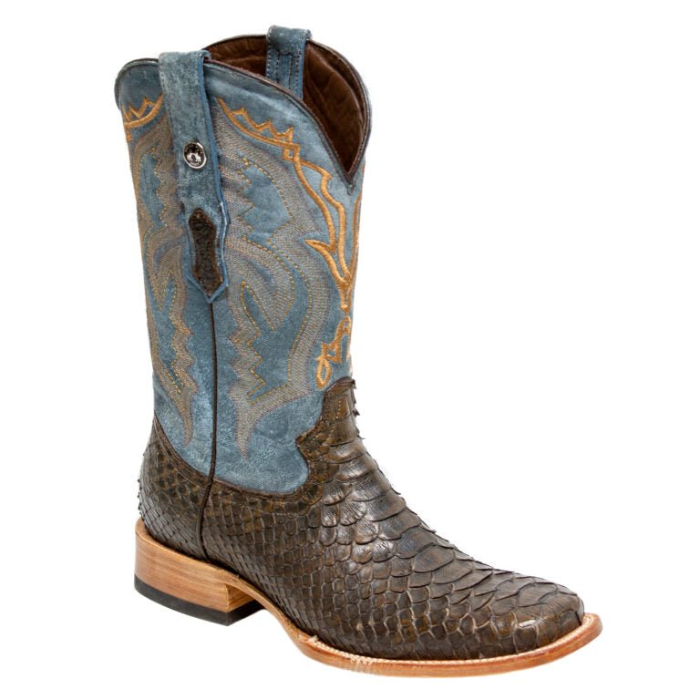 TANNER MARK MEN'S EXOTIC LEATHER Matte Python Brown Western Boots With Montana Blue Top - Rancho Sementalvariable