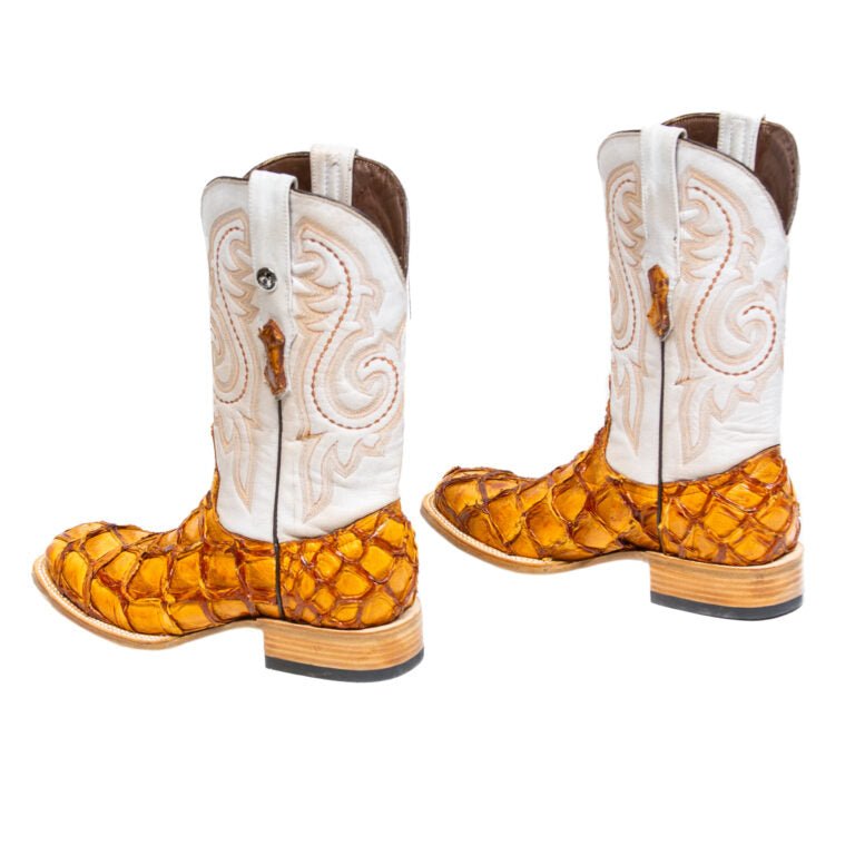 TANNER MARK MEN'S EXOTIC LEATHER Monster Fish Brandy Cognac Western Boots With Kabul Brown Top - Rancho Sementalvariable