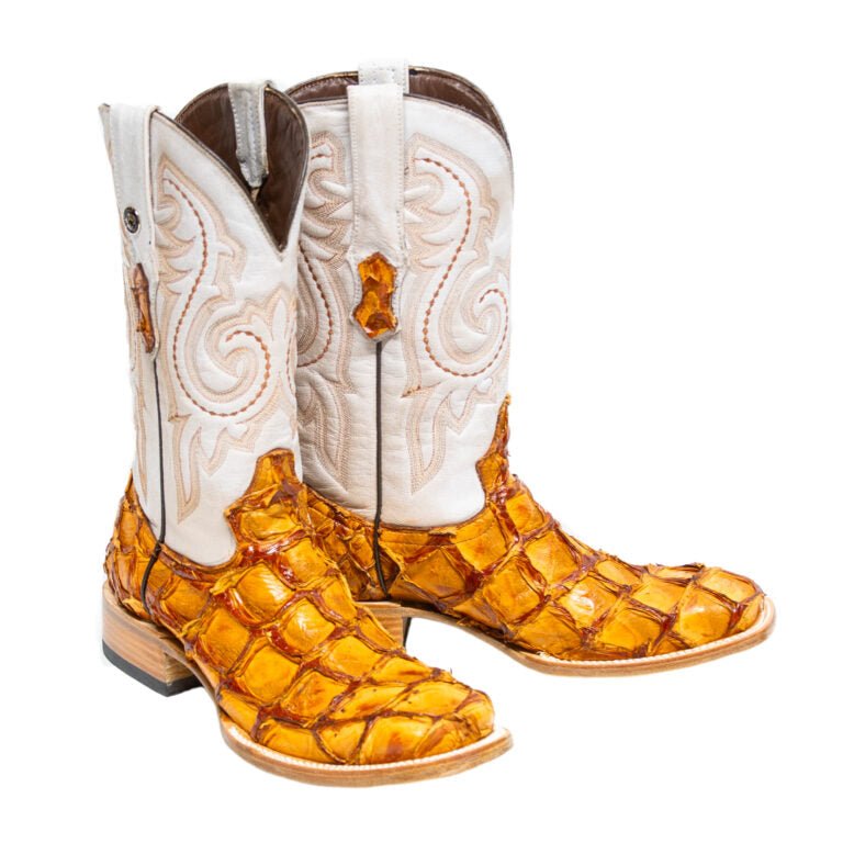 TANNER MARK MEN'S EXOTIC LEATHER Monster Fish Brandy Cognac Western Boots With Kabul Brown Top - Rancho Sementalvariable