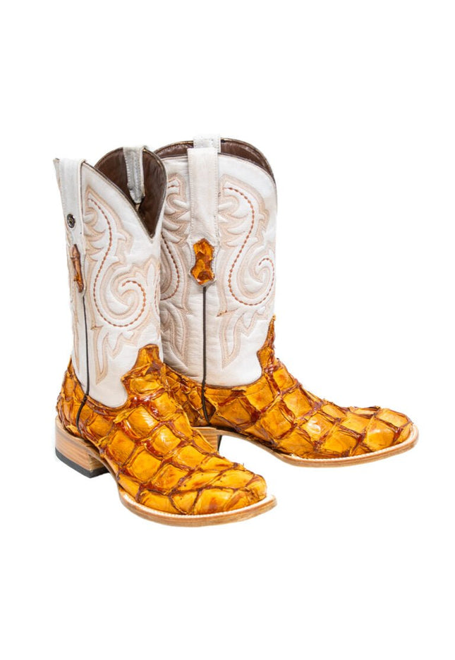 TANNER MARK MEN'S EXOTIC LEATHER Monster Fish Brandy Cognac Western Boots With Kabul Brown Top - Rancho Sementalvariable