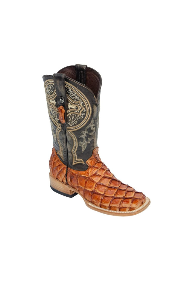 TANNER MARK MEN'S EXOTIC LEATHER Monster Fish Brandy Western Boots With Kabul Brown Top Extra Wide Square Toe - Rancho Sementalvariable