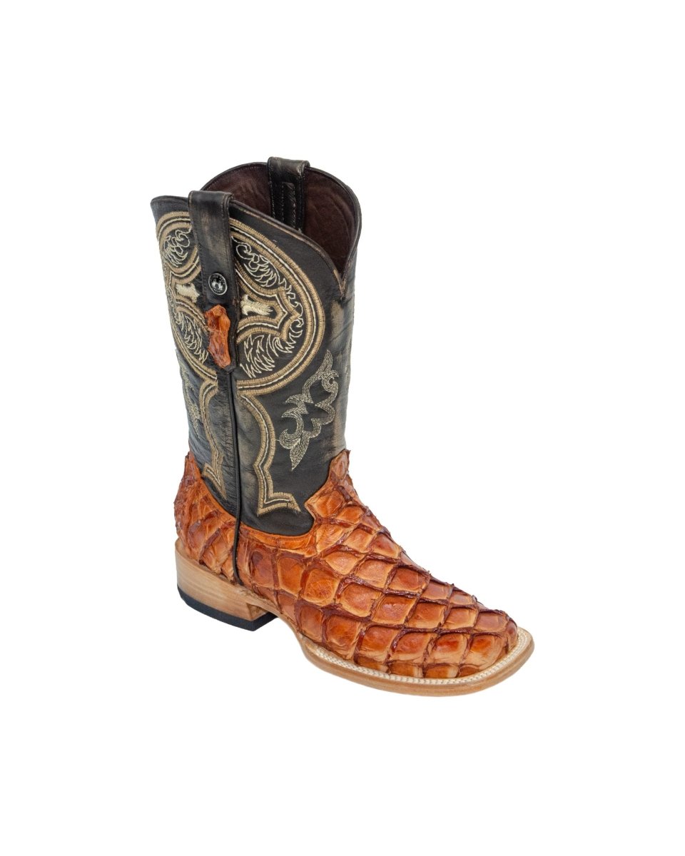 TANNER MARK MEN'S EXOTIC LEATHER Monster Fish Brandy Western Boots With Kabul Brown Top Extra Wide Square Toe - Rancho Sementalvariable