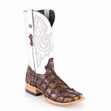 TANNER MARK MEN'S EXOTIC LEATHER Monster Fish Brown Cowboy Boots EE - WIDE - Rancho Sementalvariable