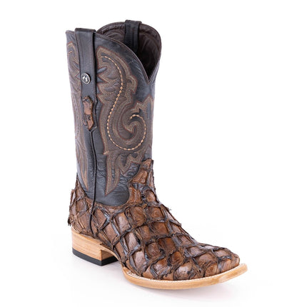 TANNER MARK MEN'S EXOTIC LEATHER Monster Fish Chocolate Brown Cowboy Boots - Rancho Sementalvariable