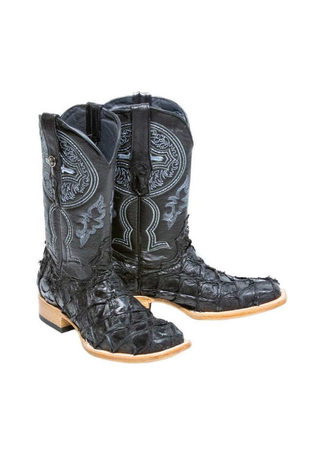 TANNER MARK MEN'S EXOTIC LEATHER Monster Fish Classic Black Western Boots With Kabul Black Top - Rancho Sementalvariable