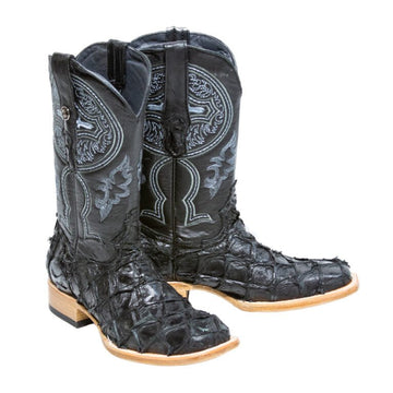 TANNER MARK MEN'S EXOTIC LEATHER Monster Fish Classic Black Western Boots With Kabul Black Top - Rancho Sementalvariable