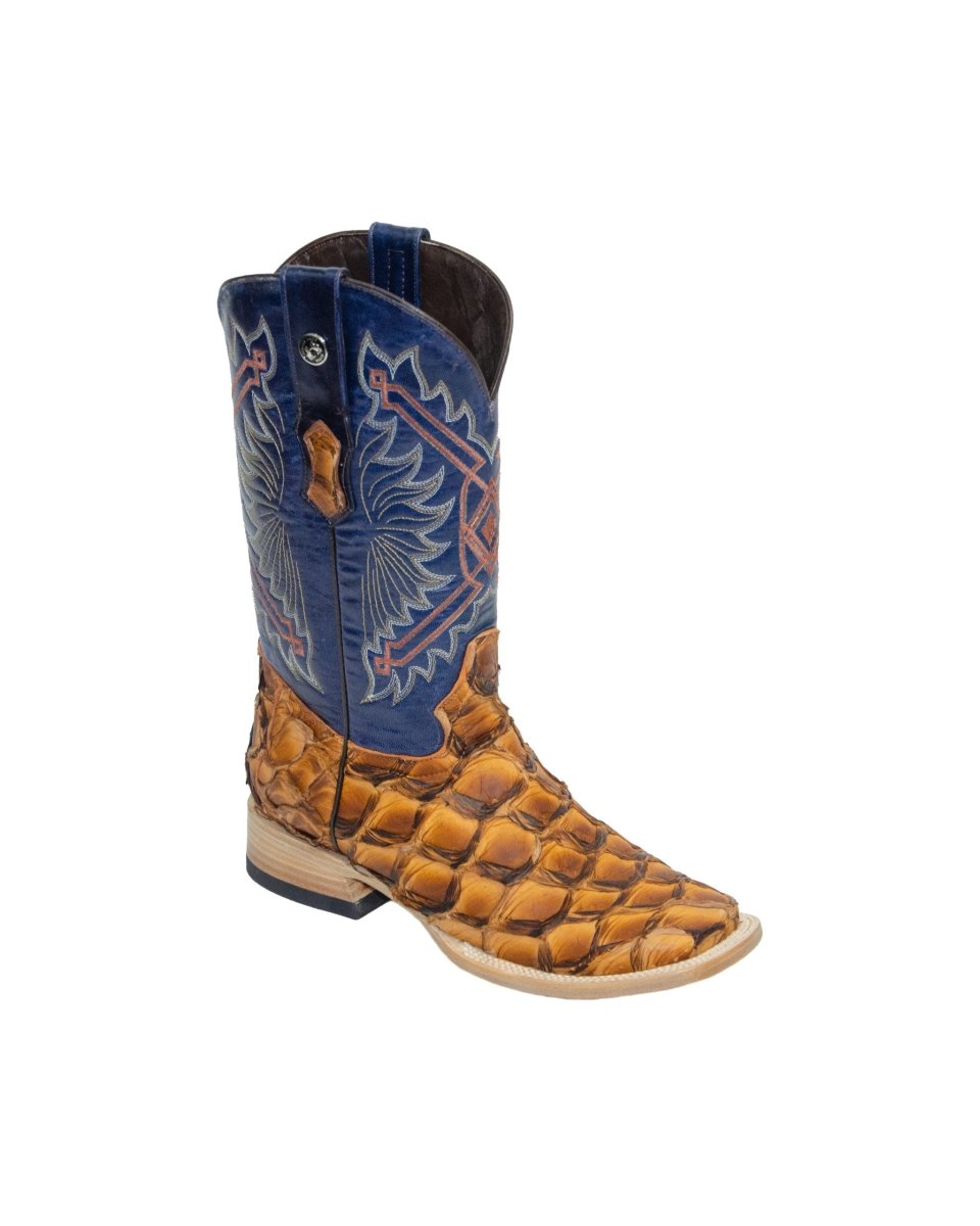 TANNER MARK MEN'S EXOTIC LEATHER Monster Fish Ginger Brandy Western Boots With Volcano Blue Top Extra Wide Square Top - Rancho Sementalvariable