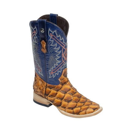 TANNER MARK MEN'S EXOTIC LEATHER Monster Fish Ginger Brandy Western Boots With Volcano Blue Top Extra Wide Square Top - Rancho Sementalvariable