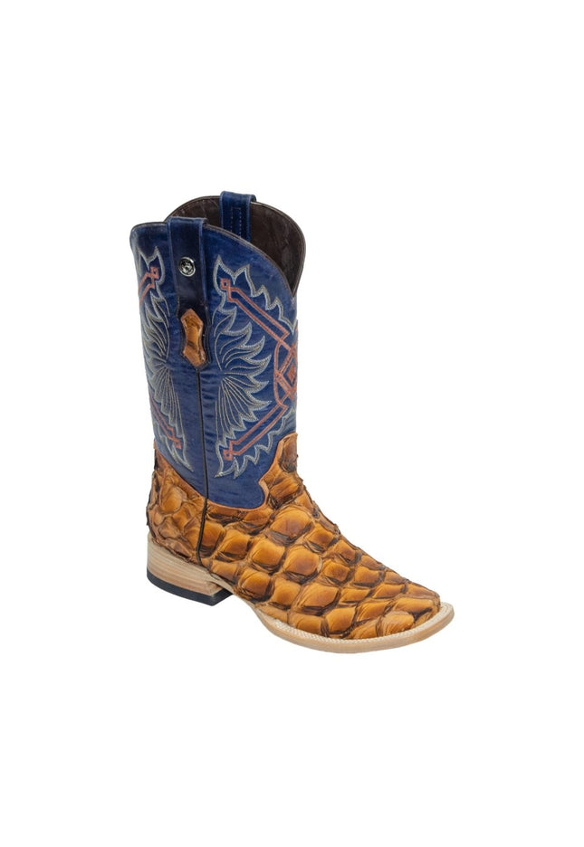 TANNER MARK MEN'S EXOTIC LEATHER Monster Fish Ginger Brandy Western Boots With Volcano Blue Top Extra Wide Square Top - Rancho Sementalvariable
