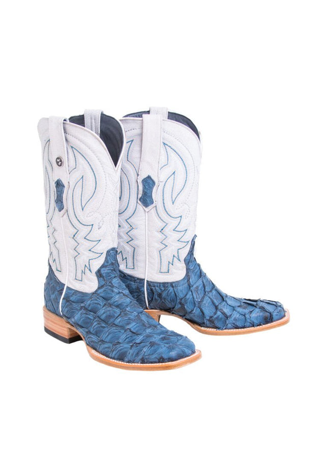 TANNER MARK MEN'S EXOTIC LEATHER Monster Fish Matte Sky Blue Western Boots With Montana Ice Top - Rancho Sementalvariable