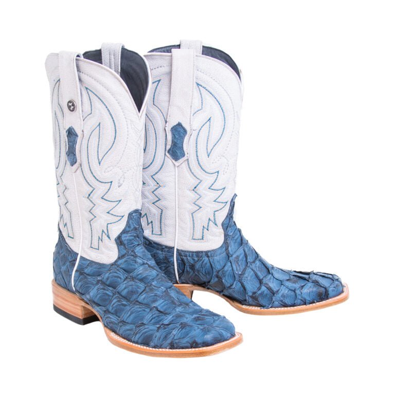 TANNER MARK MEN'S EXOTIC LEATHER Monster Fish Matte Sky Blue Western Boots With Montana Ice Top - Rancho Sementalvariable