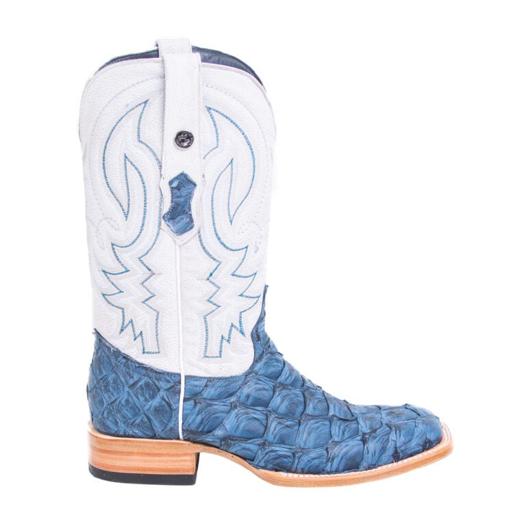 TANNER MARK MEN'S EXOTIC LEATHER Monster Fish Matte Sky Blue Western Boots With Montana Ice Top - Rancho Sementalvariable