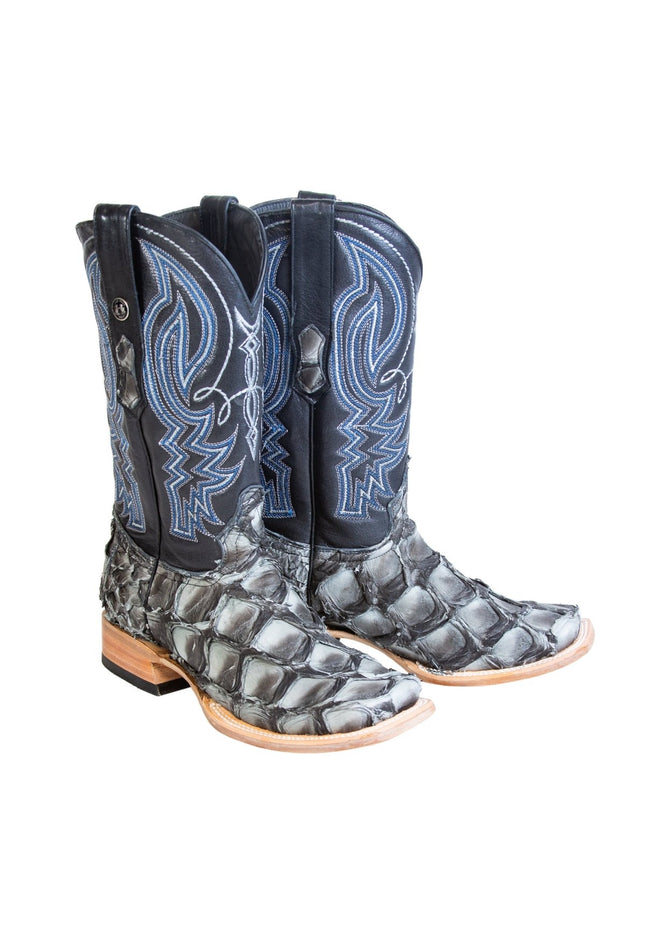 TANNER MARK MEN'S EXOTIC LEATHER Monster Fish Mockingbird Grey Cowboy Boots EE - WIDE - Rancho Sementalvariable