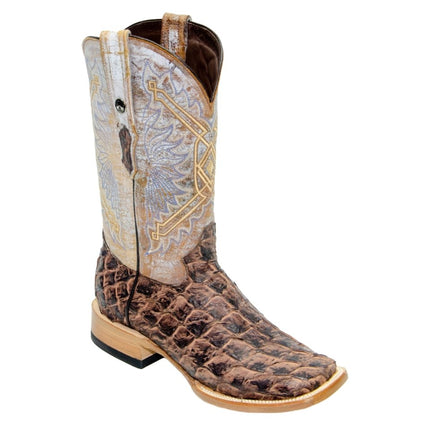 TANNER MARK MEN'S EXOTIC LEATHER Monster Fish Mustang Brown Western Boots With Everest Honey Top Extra Wide Square Toe - Rancho Sementalvariable