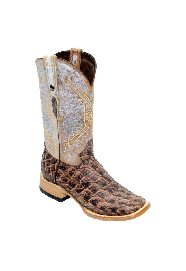 TANNER MARK MEN'S EXOTIC LEATHER Monster Fish Mustang Brown Western Boots With Everest Honey Top Extra Wide Square Toe - Rancho Sementalvariable
