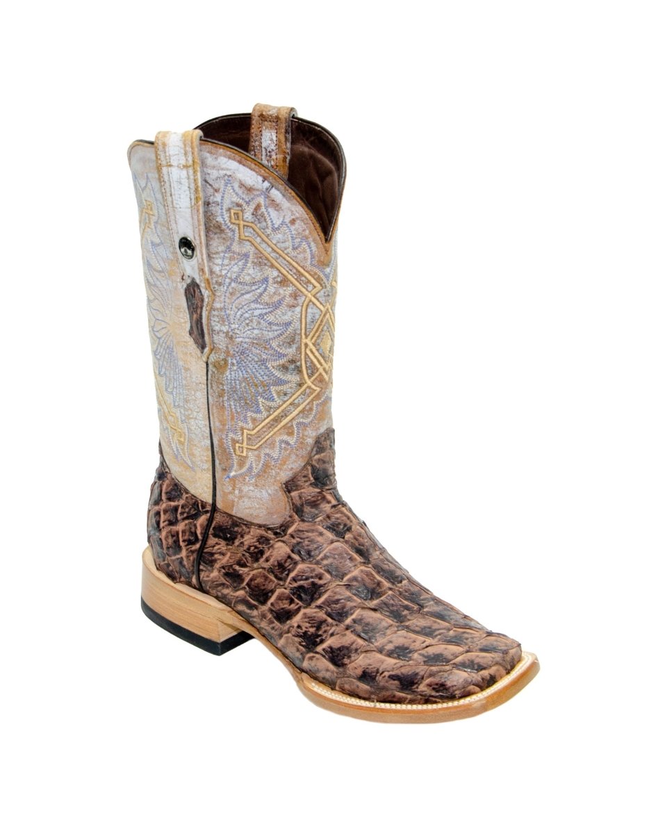 TANNER MARK MEN'S EXOTIC LEATHER Monster Fish Mustang Brown Western Boots With Everest Honey Top Extra Wide Square Toe - Rancho Sementalvariable