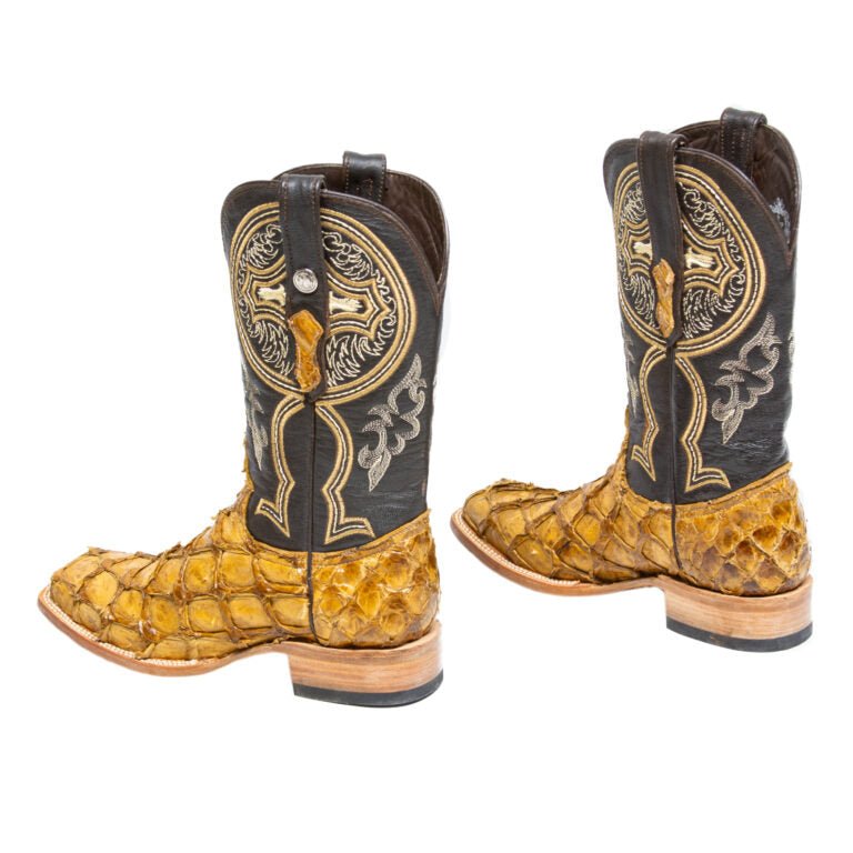 TANNER MARK MEN'S EXOTIC LEATHER Monster Fish Orix Western Boots With Kabul Brown Top - Rancho Sementalvariable