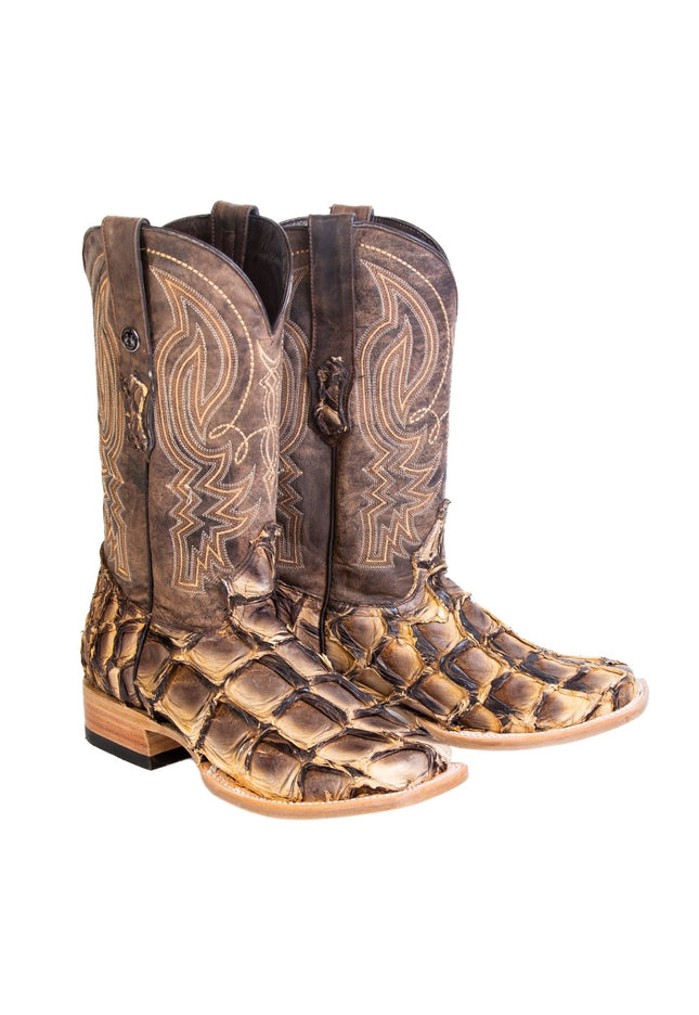 TANNER MARK MEN'S EXOTIC LEATHER Monster Fish Toast Beige Cowboy Boots EE - WIDE - Rancho Sementalvariable