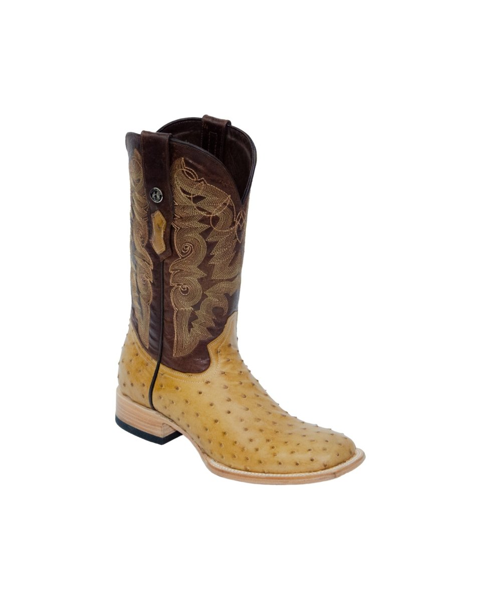 TANNER MARK MEN'S EXOTIC LEATHER Ostrich MD Antique Saddle Western Boots With Oklahoma Honey Top - Rancho Sementalvariable