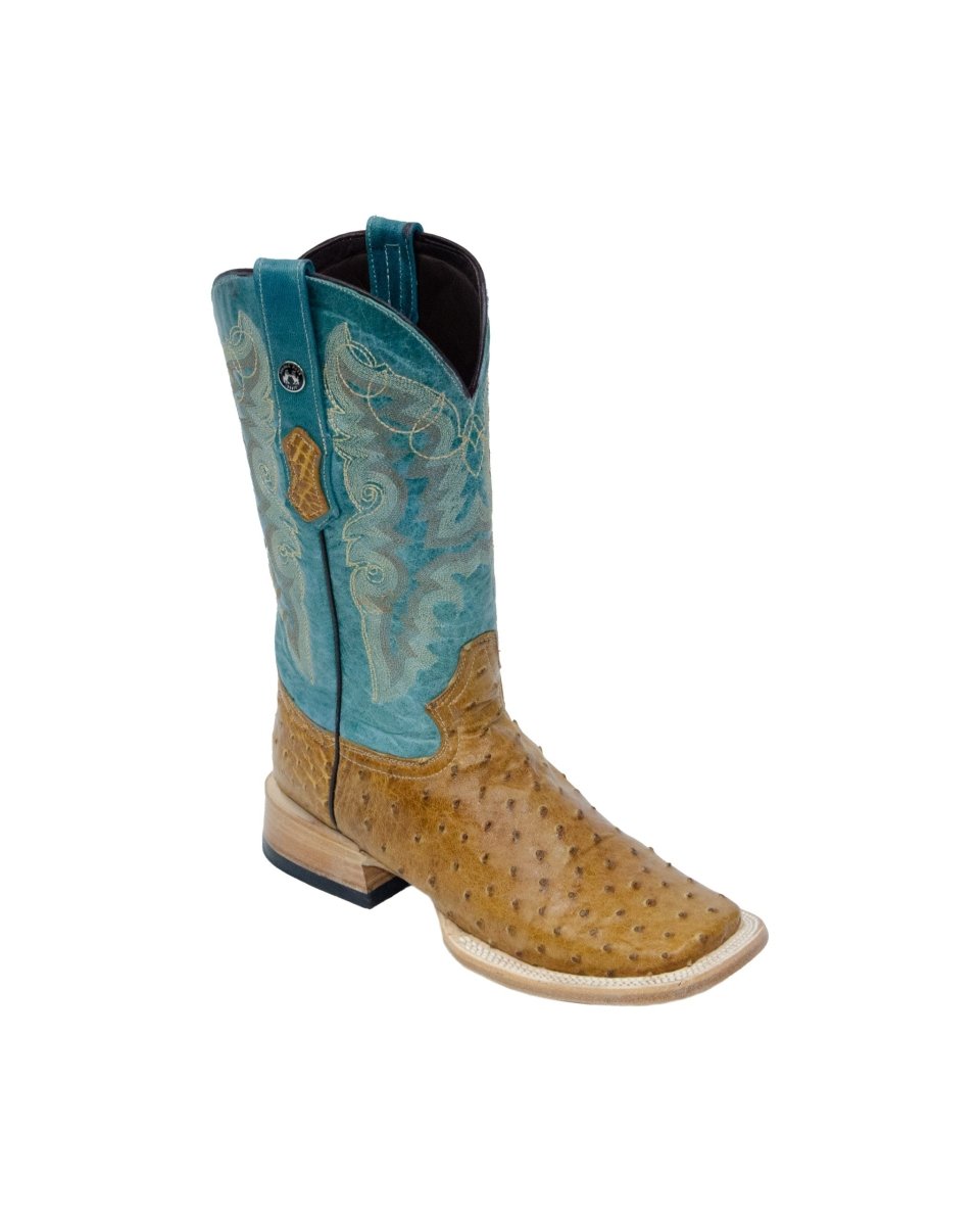 TANNER MARK MEN'S EXOTIC LEATHER Ostrich MD Antique Western Boots With Volcano Turquoise Top Extra Wide Square Toe - Rancho Sementalvariable