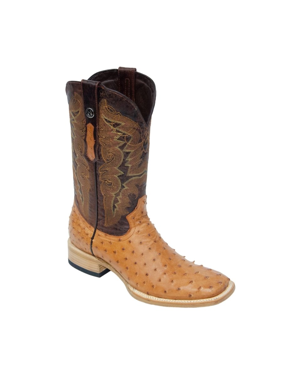 TANNER MARK MEN'S EXOTIC LEATHER Ostrich MD Brandy Western Boots With Oklahoma Brandy Top - Rancho Sementalvariable