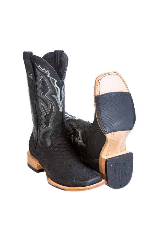 TANNER MARK MEN'S EXOTIC LEATHER Python Matte Black Western Boots With Black Top With Hybrid Sole - Rancho Sementalvariable