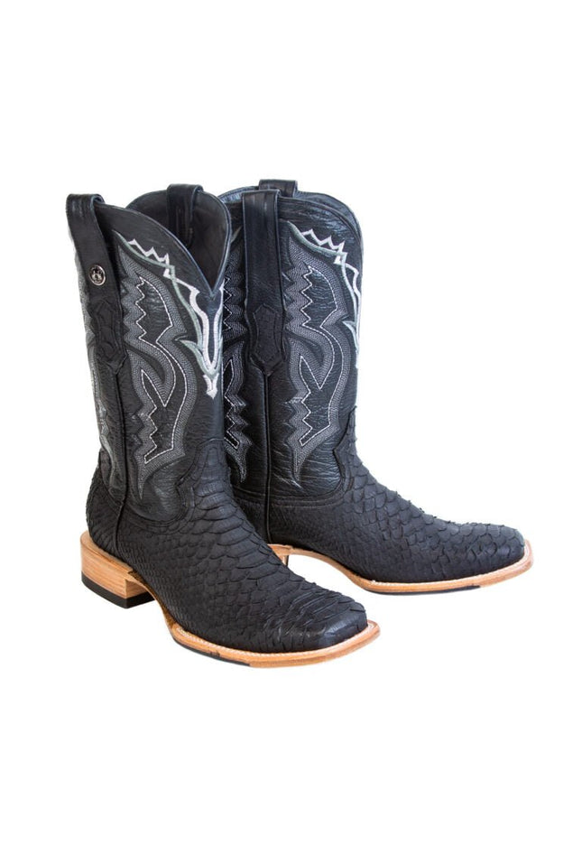 TANNER MARK MEN'S EXOTIC LEATHER Python Matte Black Western Boots With Black Top With Hybrid Sole - Rancho Sementalvariable