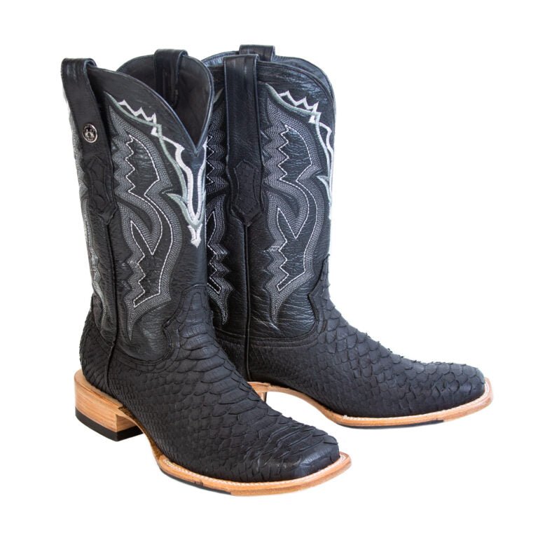 TANNER MARK MEN'S EXOTIC LEATHER Python Matte Black Western Boots With Black Top With Hybrid Sole - Rancho Sementalvariable