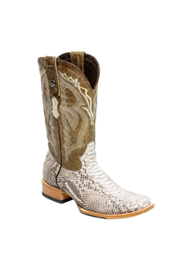 TANNER MARK MEN'S EXOTIC LEATHER Python Matte Natural Western Boots With Sand Old West Top With Hybrid Sole - Rancho Sementalvariable