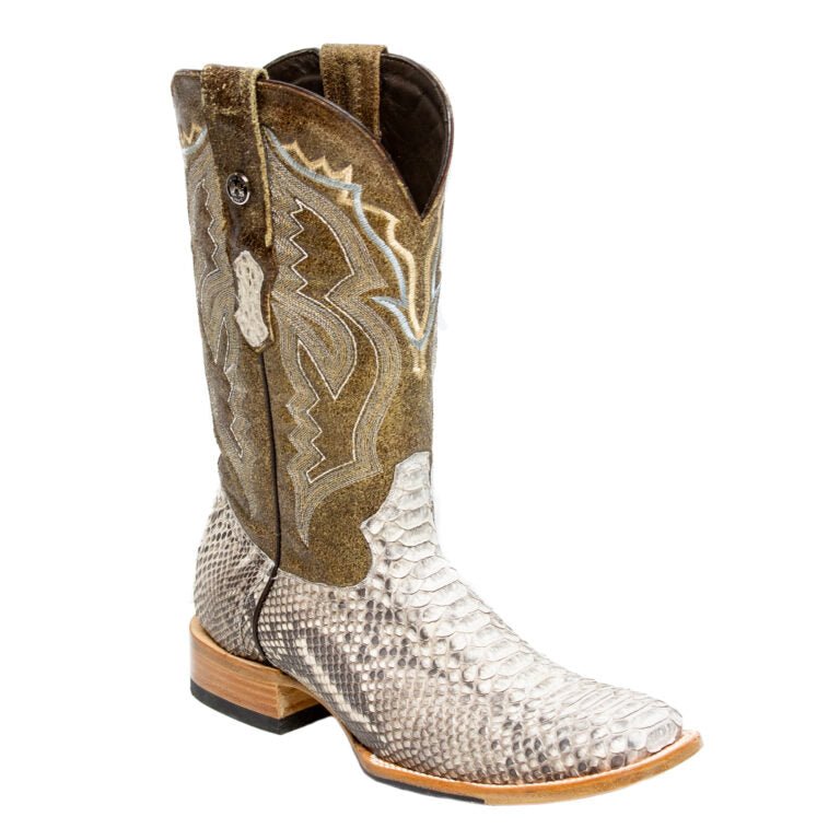 TANNER MARK MEN'S EXOTIC LEATHER Python Matte Natural Western Boots With Sand Old West Top With Hybrid Sole - Rancho Sementalvariable