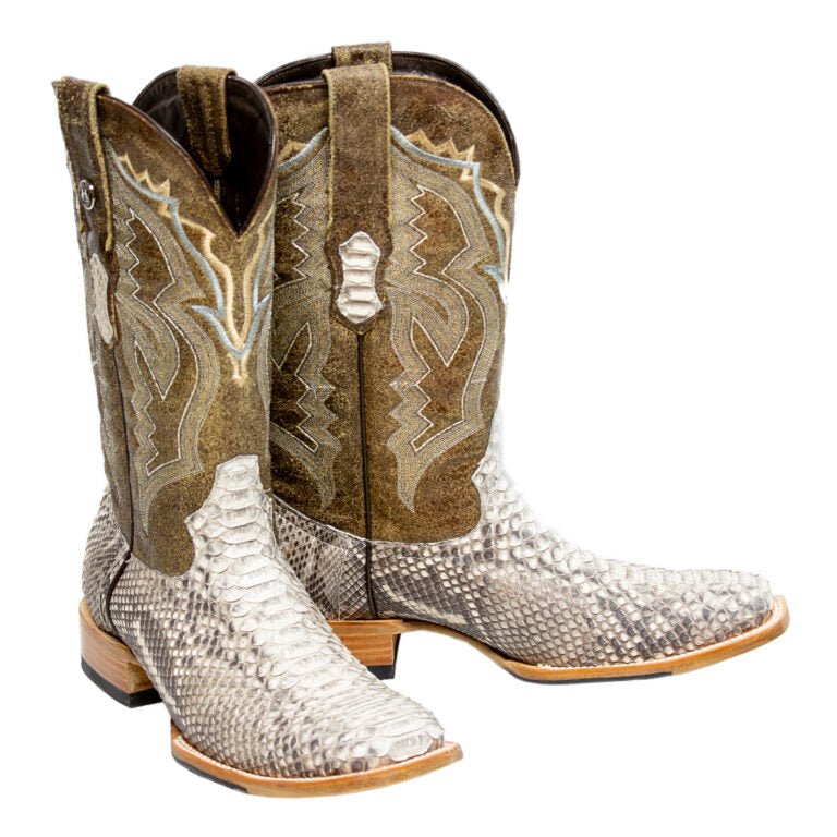 TANNER MARK MEN'S EXOTIC LEATHER Python Matte Natural Western Boots With Sand Old West Top With Hybrid Sole - Rancho Sementalvariable