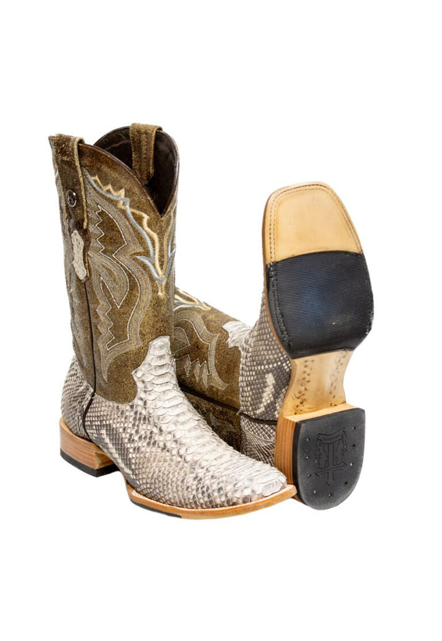 TANNER MARK MEN'S EXOTIC LEATHER Python Matte Natural Western Boots With Sand Old West Top With Hybrid Sole - Rancho Sementalvariable