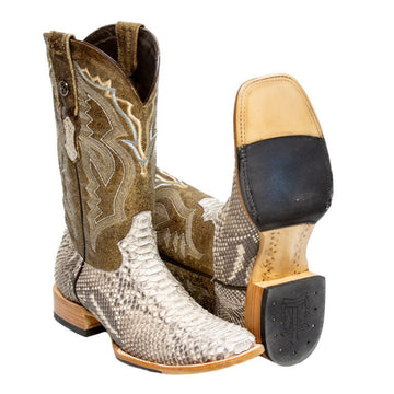 TANNER MARK MEN'S EXOTIC LEATHER Python Matte Natural Western Boots With Sand Old West Top With Hybrid Sole - Rancho Sementalvariable