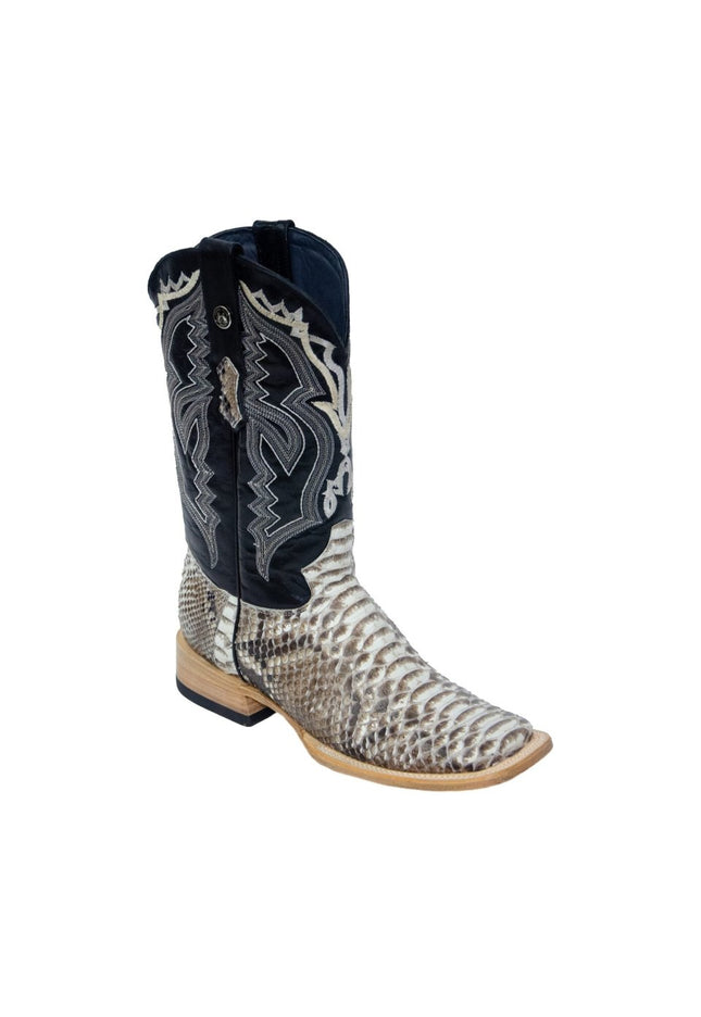 TANNER MARK MEN'S EXOTIC LEATHER Python Natural Western Boots With Volcano Black Top Extra Wide Square Toe - Rancho Sementalvariable