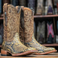 TANNER MARK MEN'S EXOTIC LEATHER Python Pull Up Antique Western Boots With MD Honey Top - Rancho Sementalvariable