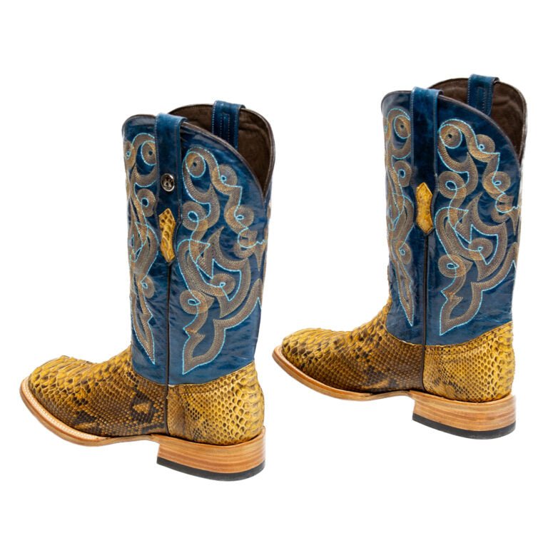 TANNER MARK MEN'S EXOTIC LEATHER Python Pull Up Antique Western Boots With Volcano Blue Top Extra Wide Square Toe - Rancho Sementalvariable