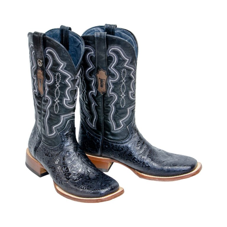 TANNER MARK MEN'S Hand Tooled Classic Black Print Western Boots Whit Marble Black Top - Rancho Sementalvariable