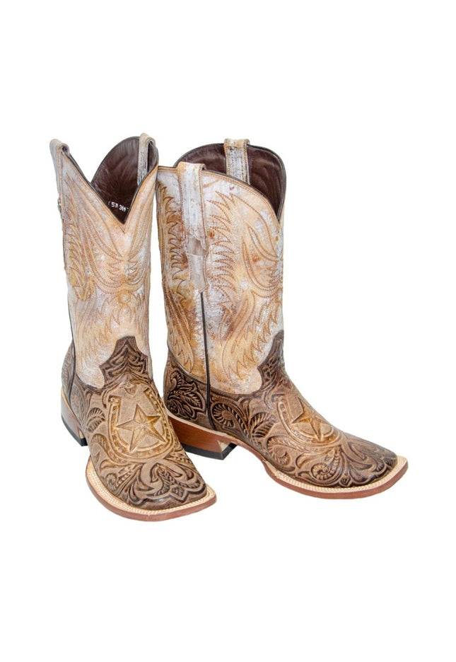 TANNER MARK MEN'S Hand Tooled Horseshoe Mocha / Everest Honey Top Triple Stitch - Rancho Sementalvariable