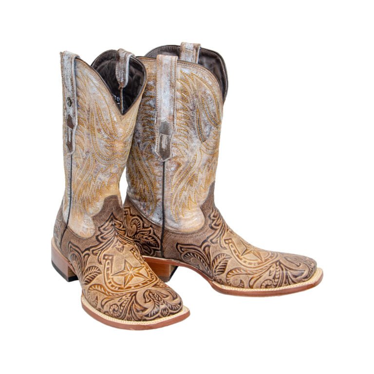 TANNER MARK MEN'S Hand Tooled Horseshoe Mocha Western Boots Whit Everest Honey Top - Rancho Sementalvariable