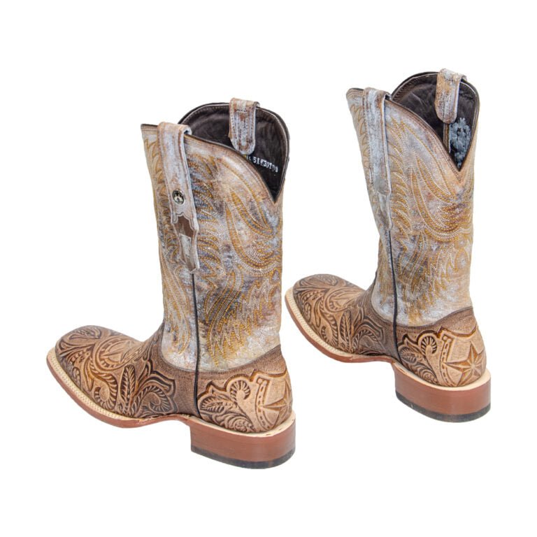 TANNER MARK MEN'S Hand Tooled Horseshoe Mocha Western Boots Whit Everest Honey Top - Rancho Sementalvariable