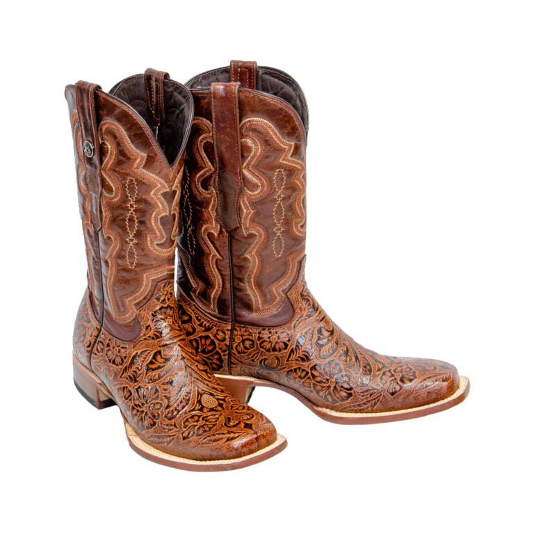 TANNER MARK MEN'S Hand Tooled Print Classic Cognac Western Boots Whit Marble Brandy Top - Rancho Sementalvariable