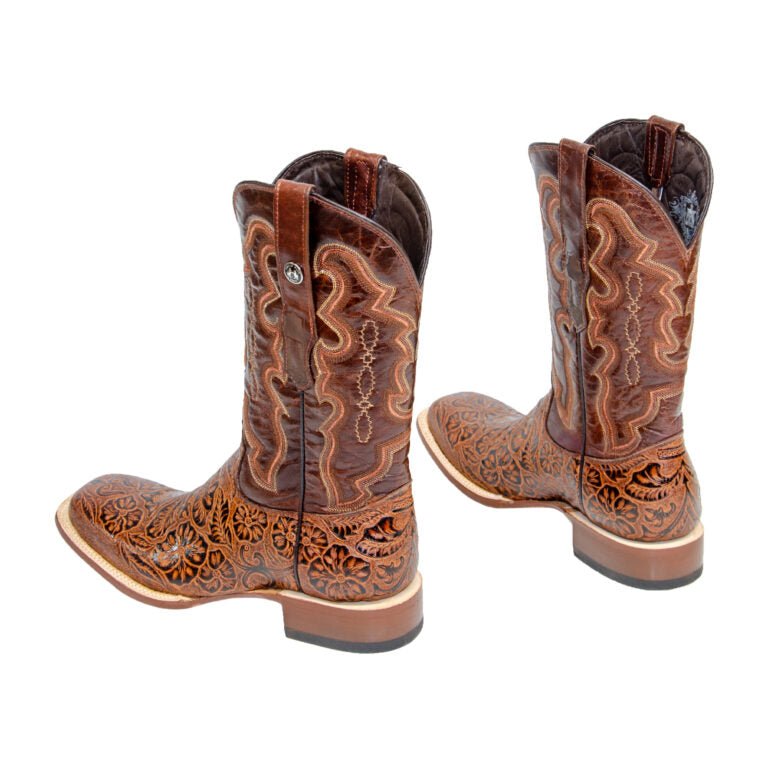 TANNER MARK MEN'S Hand Tooled Print Classic Cognac Western Boots Whit Marble Brandy Top - Rancho Sementalvariable