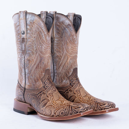 TANNER MARK MEN'S HandTooled Horseshoe Mocha Western Boots - Rancho Sementalvariable
