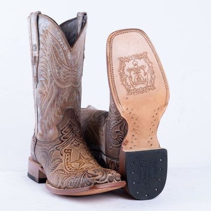 TANNER MARK MEN'S HandTooled Horseshoe Mocha Western Boots - Rancho Sementalvariable