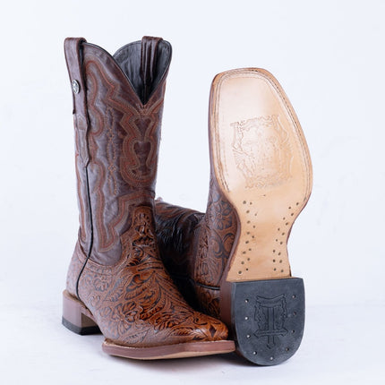 TANNER MARK MEN'S HandTooled Print Cognac Western Boots - Rancho Sementalvariable